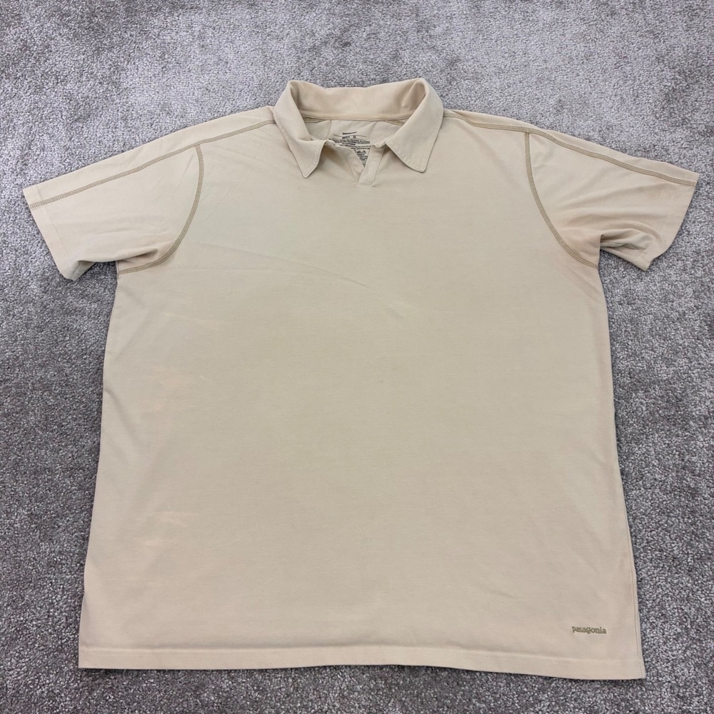 Patagonia Mens XL Stretch Short Sleeve Polo Shirt Tan Beige Organic Cotton Blend